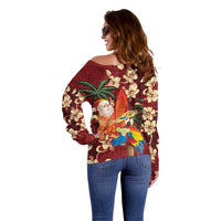 Crimson Red Tropical Christmas Hawaii Tapa Off Shoulder Sweater Aloha Santa Drink Party - Polynesian Pride