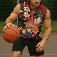 Crimson Red Tropical Christmas Hawaii Tapa Sleeveless Zip Hoodie Aloha Santa Drink Party LT7 - Polynesian Pride