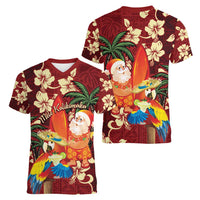 Crimson Red Tropical Christmas Hawaii Tapa Women V-Neck T-Shirt Aloha Santa Drink Party - Polynesian Pride