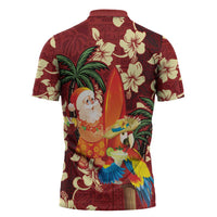Crimson Red Tropical Christmas Hawaii Tapa Zipper Polo Shirt Aloha Santa Drink Party - Polynesian Pride