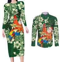 Moss Green Tropical Christmas Hawaii Tapa Couples Matching Long Sleeve Bodycon Dress and Long Sleeve Button Shirt Aloha Santa Drink Party - Polynesian Pride