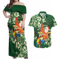 Moss Green Tropical Christmas Hawaii Tapa Couples Matching Off Shoulder Maxi Dress and Hawaiian Shirt Aloha Santa Drink Party - Polynesian Pride