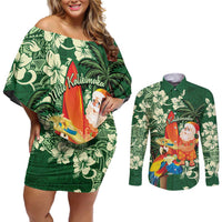 Moss Green Tropical Christmas Hawaii Tapa Couples Matching Off Shoulder Short Dress and Long Sleeve Button Shirt Aloha Santa Drink Party - Polynesian Pride