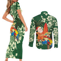 Moss Green Tropical Christmas Hawaii Tapa Couples Matching Short Sleeve Bodycon Dress and Long Sleeve Button Shirt Aloha Santa Drink Party - Polynesian Pride
