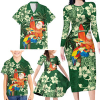 Moss Green Tropical Christmas Hawaii Tapa Family Matching Long Sleeve Bodycon Dress and Hawaiian Shirt Aloha Santa Drink Party - Polynesian Pride