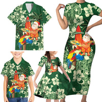 Moss Green Tropical Christmas Hawaii Tapa Family Matching Short Sleeve Bodycon Dress and Hawaiian Shirt Aloha Santa Drink Party - Polynesian Pride