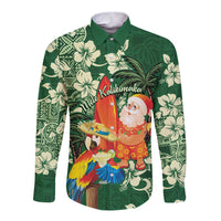 Moss Green Tropical Christmas Hawaii Tapa Long Sleeve Button Shirt Aloha Santa Drink Party - Polynesian Pride