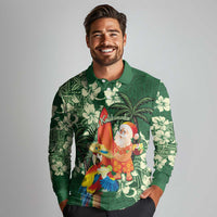 Moss Green Tropical Christmas Hawaii Tapa Long Sleeve Polo Shirt Aloha Santa Drink Party - Polynesian Pride