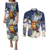 Hafa Adai Guam Couples Matching Puletasi and Long Sleeve Button Shirt Sihek Guam Kingfisher with Guasali