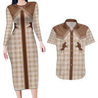 Aloha Hawaii Cowboys Paniolo Couples Matching Long Sleeve Bodycon Dress and Hawaiian Shirt Beige Palaka - Polynesian Pride