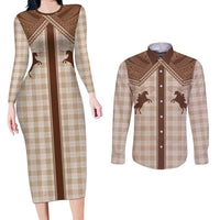 Aloha Hawaii Cowboys Paniolo Couples Matching Long Sleeve Bodycon Dress and Long Sleeve Button Shirt Beige Palaka - Polynesian Pride