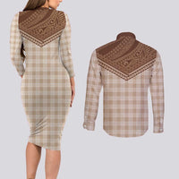 Aloha Hawaii Cowboys Paniolo Couples Matching Long Sleeve Bodycon Dress and Long Sleeve Button Shirt Beige Palaka - Polynesian Pride