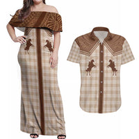 Aloha Hawaii Cowboys Paniolo Couples Matching Off Shoulder Maxi Dress and Hawaiian Shirt Beige Palaka - Polynesian Pride