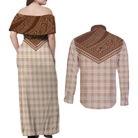 Aloha Hawaii Cowboys Paniolo Couples Matching Off Shoulder Maxi Dress and Long Sleeve Button Shirt Beige Palaka - Polynesian Pride