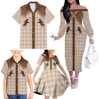 Aloha Hawaii Cowboys Paniolo Family Matching Off The Shoulder Long Sleeve Dress and Hawaiian Shirt Beige Palaka - Polynesian Pride