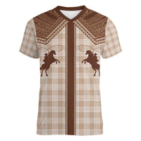 Aloha Hawaii Cowboys Paniolo Women V-Neck T-Shirt Beige Palaka - Polynesian Pride