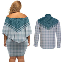 Aloha Hawaii Cowboys Paniolo Couples Matching Off Shoulder Short Dress and Long Sleeve Button Shirt Teal Palaka - Polynesian Pride