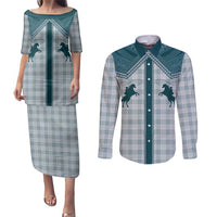 Aloha Hawaii Cowboys Paniolo Couples Matching Puletasi and Long Sleeve Button Shirt Teal Palaka - Polynesian Pride