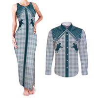 Aloha Hawaii Cowboys Paniolo Couples Matching Tank Maxi Dress and Long Sleeve Button Shirt Teal Palaka - Polynesian Pride