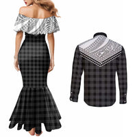 Aloha Hawaii Cowboys Paniolo Couples Matching Mermaid Dress and Long Sleeve Button Shirt Black Palaka - Polynesian Pride