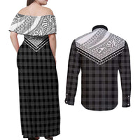 Aloha Hawaii Cowboys Paniolo Couples Matching Off Shoulder Maxi Dress and Long Sleeve Button Shirt Black Palaka - Polynesian Pride