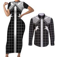 Aloha Hawaii Cowboys Paniolo Couples Matching Short Sleeve Bodycon Dress and Long Sleeve Button Shirt Black Palaka - Polynesian Pride