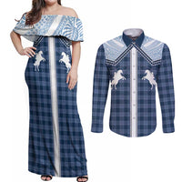 Aloha Hawaii Cowboys Paniolo Couples Matching Off Shoulder Maxi Dress and Long Sleeve Button Shirt Navy Blue Palaka - Polynesian Pride