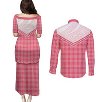 Aloha Hawaii Cowboys Paniolo Couples Matching Puletasi and Long Sleeve Button Shirt Rose Palaka - Polynesian Pride