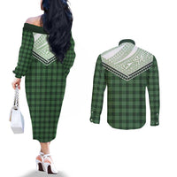 Aloha Hawaii Cowboys Paniolo Couples Matching Off The Shoulder Long Sleeve Dress and Long Sleeve Button Shirt Forest Green Palaka - Polynesian Pride