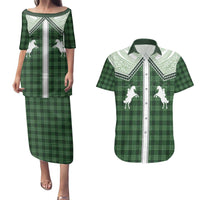 Aloha Hawaii Cowboys Paniolo Couples Matching Puletasi and Hawaiian Shirt Forest Green Palaka - Polynesian Pride