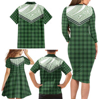 Aloha Hawaii Cowboys Paniolo Family Matching Long Sleeve Bodycon Dress and Hawaiian Shirt Forest Green Palaka - Polynesian Pride