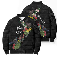Kia Ora New Zealand Floral Personalized Bomber Puffer Jacket Black - Polynesian Pride