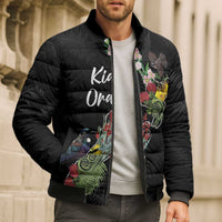 Kia Ora New Zealand Floral Personalized Bomber Puffer Jacket Black - Polynesian Pride