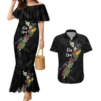 Kia Ora New Zealand Floral Personalized Couples Matching Mermaid Dress and Hawaiian Shirt Black - Polynesian Pride