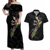 Kia Ora New Zealand Floral Personalized Couples Matching Off Shoulder Maxi Dress and Hawaiian Shirt Black LT7 Black - Polynesian Pride