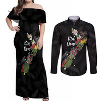 Kia Ora New Zealand Floral Personalized Couples Matching Off Shoulder Maxi Dress and Long Sleeve Button Shirt Black - Polynesian Pride
