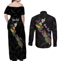 Kia Ora New Zealand Floral Personalized Couples Matching Off Shoulder Maxi Dress and Long Sleeve Button Shirt Black - Polynesian Pride