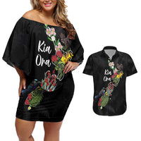 Kia Ora New Zealand Floral Personalized Couples Matching Off Shoulder Short Dress and Hawaiian Shirt Black LT7 Black - Polynesian Pride