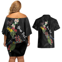 Kia Ora New Zealand Floral Personalized Couples Matching Off Shoulder Short Dress and Hawaiian Shirt Black - Polynesian Pride