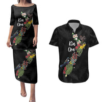 Kia Ora New Zealand Floral Personalized Couples Matching Puletasi and Hawaiian Shirt Black - Polynesian Pride