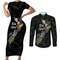 Kia Ora New Zealand Floral Personalized Couples Matching Short Sleeve Bodycon Dress and Long Sleeve Button Shirt Black LT7 Black - Polynesian Pride