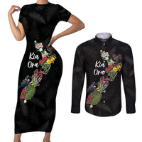 Kia Ora New Zealand Floral Personalized Couples Matching Short Sleeve Bodycon Dress and Long Sleeve Button Shirt Black - Polynesian Pride