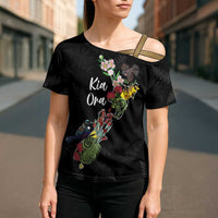 Kia Ora New Zealand Floral Personalized Cross Shoulder Shirt Black - Polynesian Pride