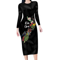 Kia Ora New Zealand Floral Personalized Family Matching Long Sleeve Bodycon Dress and Hawaiian Shirt Black LT7 Mom's Dress Black - Polynesian Pride