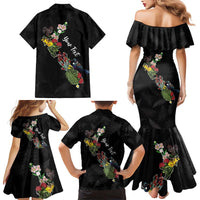 Kia Ora New Zealand Floral Personalized Family Matching Mermaid Dress and Hawaiian Shirt Black LT7 - Polynesian Pride