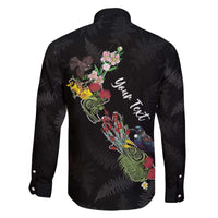 Kia Ora New Zealand Floral Personalized Family Matching Off The Shoulder Long Sleeve Dress and Hawaiian Shirt Black LT7 - Polynesian Pride