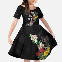 Kia Ora New Zealand Floral Personalized Family Matching Off Shoulder Maxi Dress and Hawaiian Shirt Black LT7 Daughter's Dress Black - Polynesian Pride