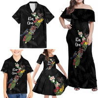 Kia Ora New Zealand Floral Personalized Family Matching Off Shoulder Maxi Dress and Hawaiian Shirt Black LT7 - Polynesian Pride