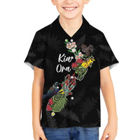 Kia Ora New Zealand Floral Personalized Family Matching Off Shoulder Maxi Dress and Hawaiian Shirt Black - Polynesian Pride