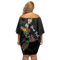 Kia Ora New Zealand Floral Personalized Family Matching Off Shoulder Short Dress and Hawaiian Shirt Black LT7 - Polynesian Pride